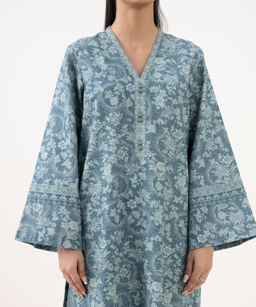 Women's Unstitched Khaddar Printed Blue 3 Piece Suit