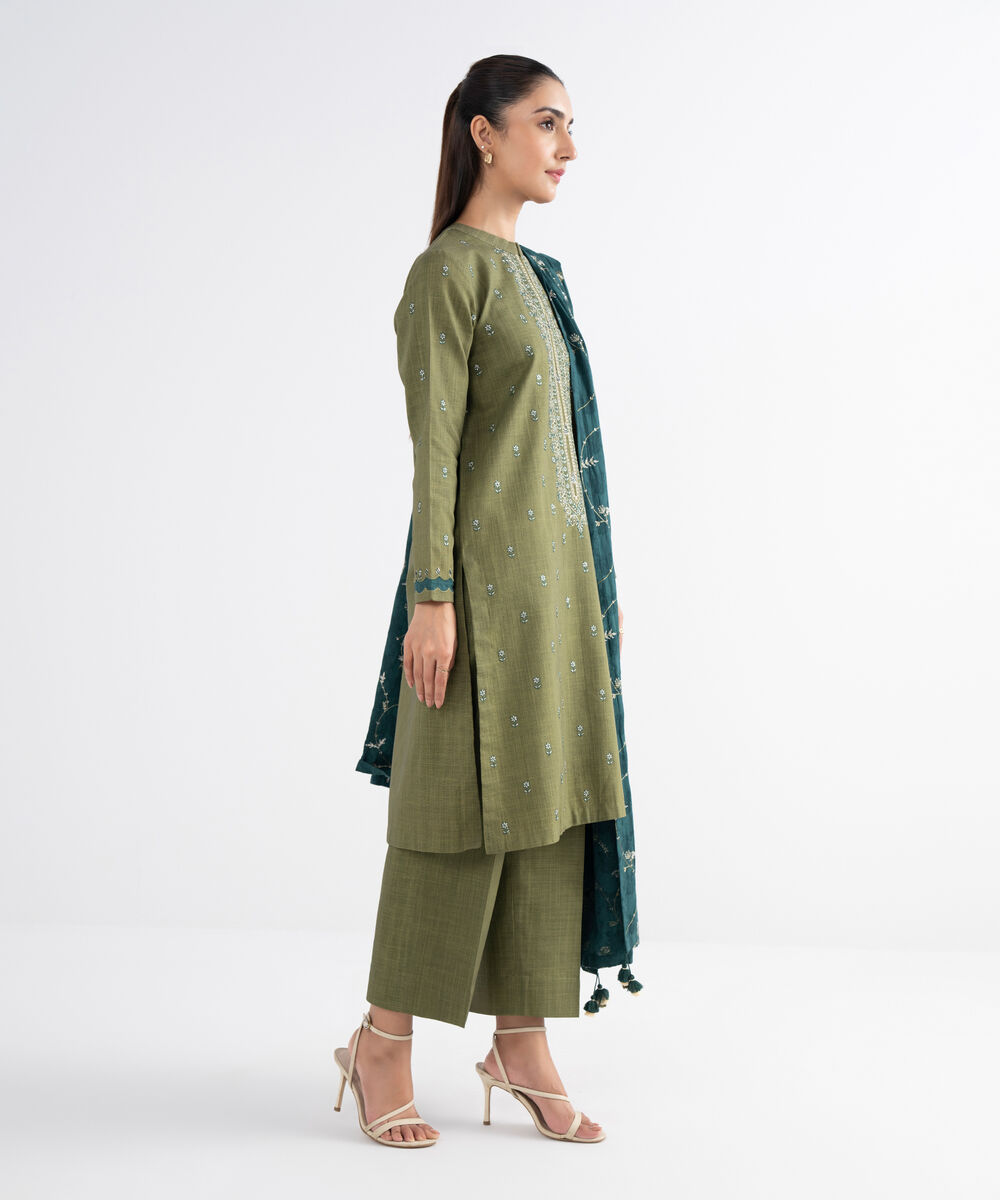 Women's Unstitched Cross Hatch Embroidered Green 3 Piece Suit