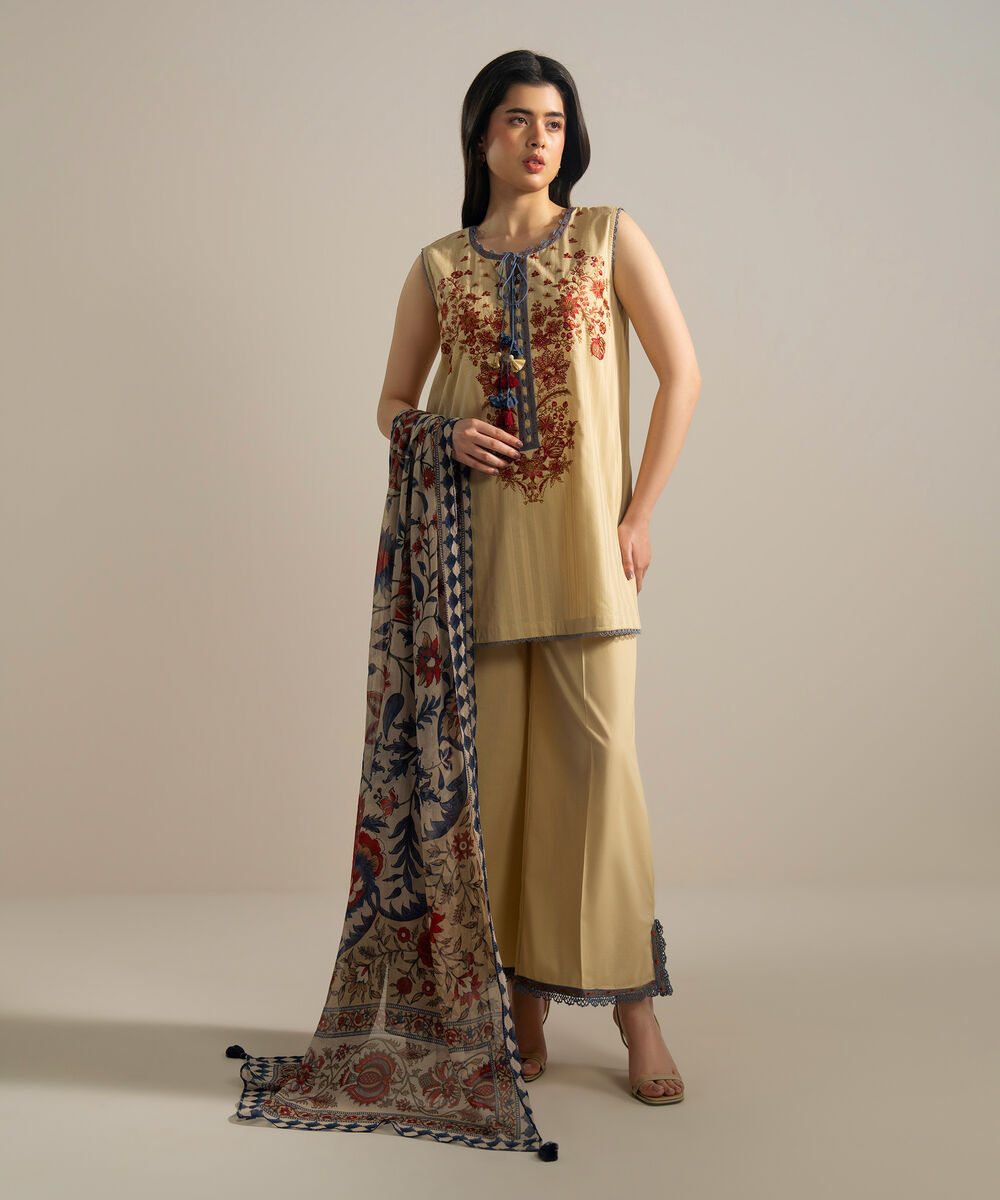 Women's RTW Leno Kara Embroidered Beige Straight Shirt