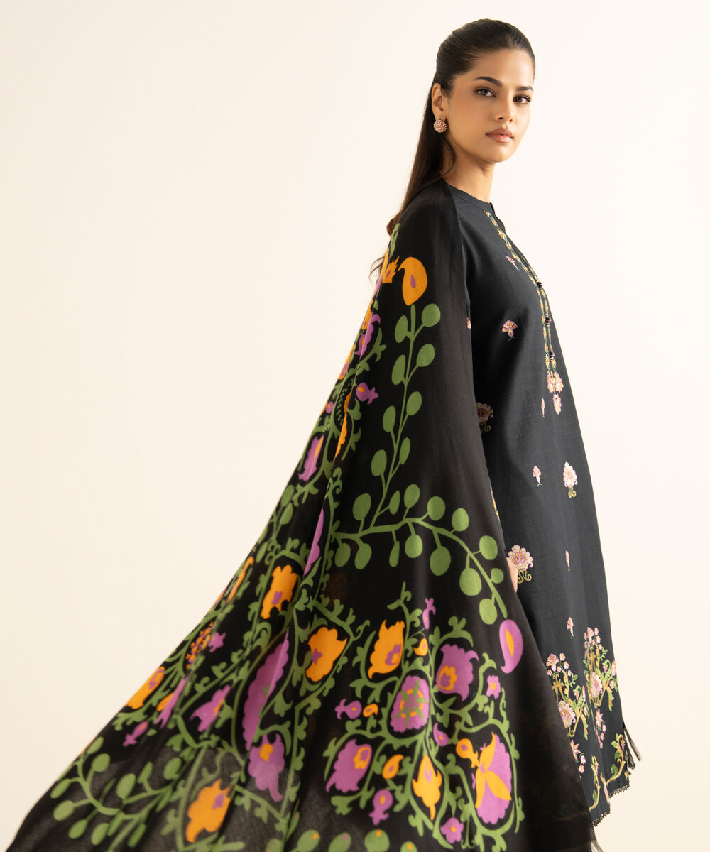 Women's Unstitched Khaddar Embroidered Black 3 Piece Suit