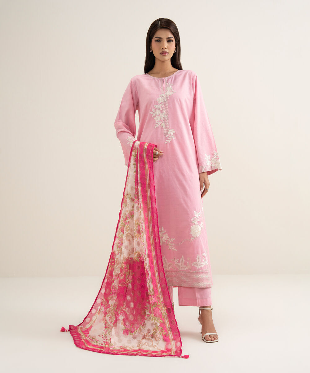 Women's RTW Self Jacquard Embroidered Pink A-Line Shirt