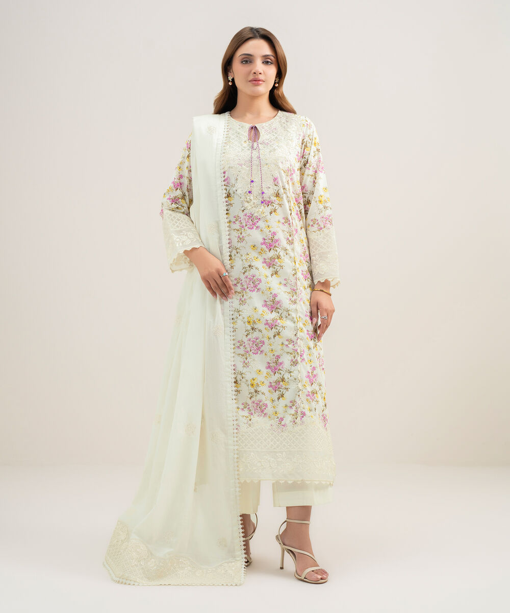 Women's RTW Lawn Embroidered Off White A-Line Shirt