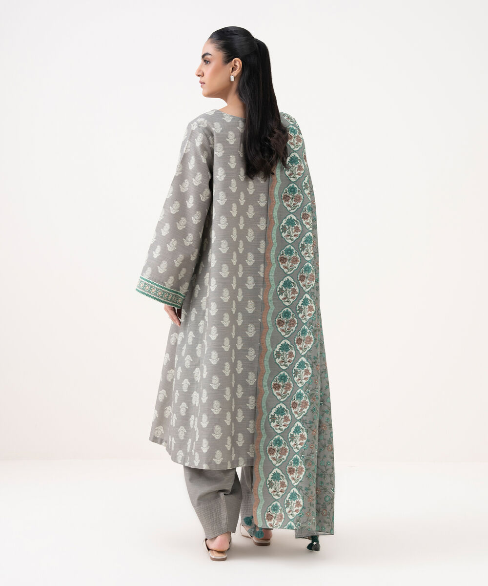 Women's Unstitched Khaddar Printed Grey 3 Piece Suit