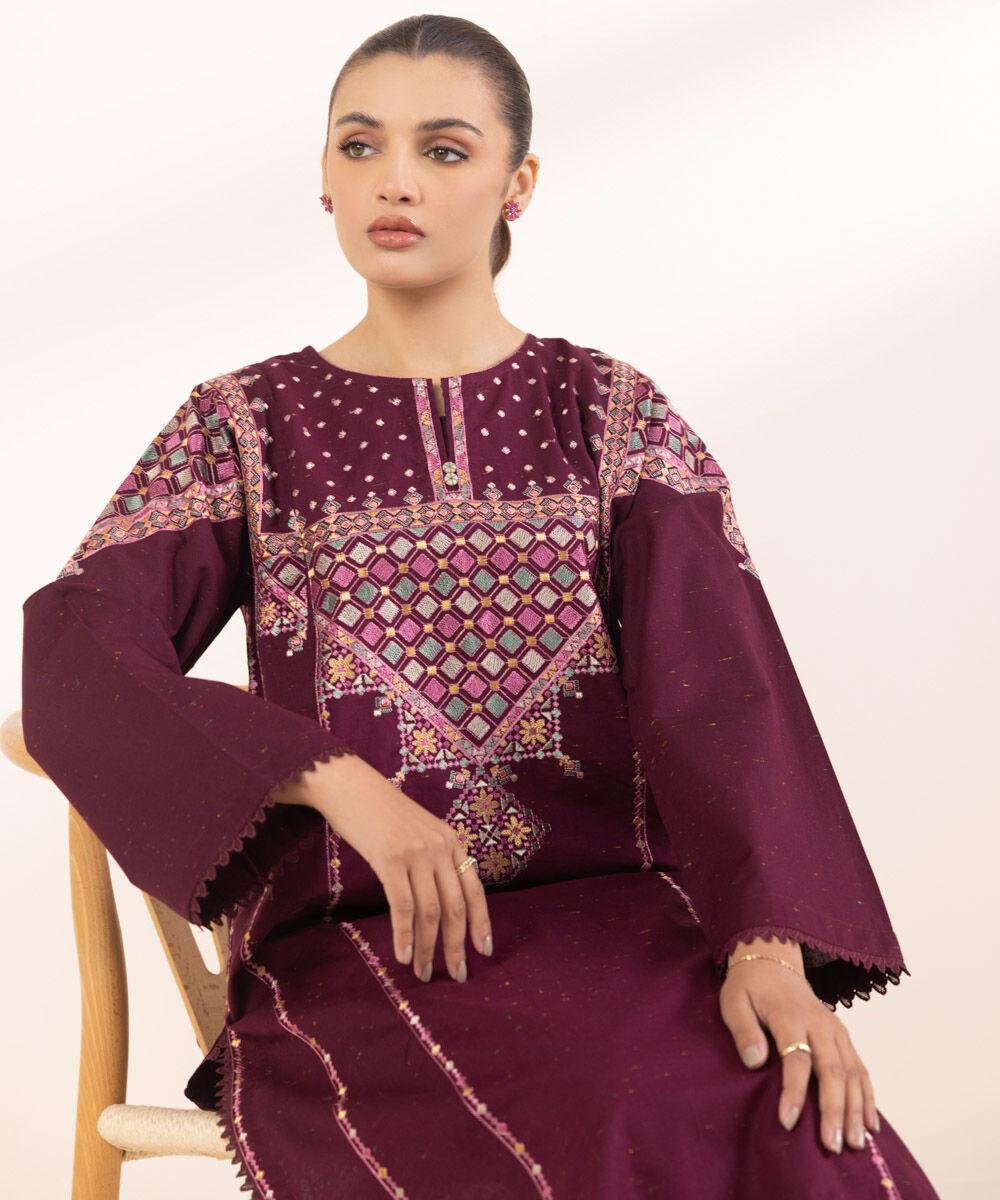 Women's Pret Multineps Pink Embroidered A-Line Shirt