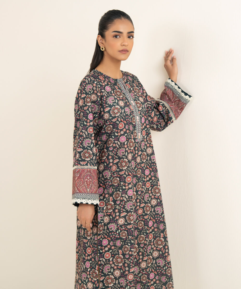 Women's RTW Cotton Printed Dark Teal A-Line Shirt