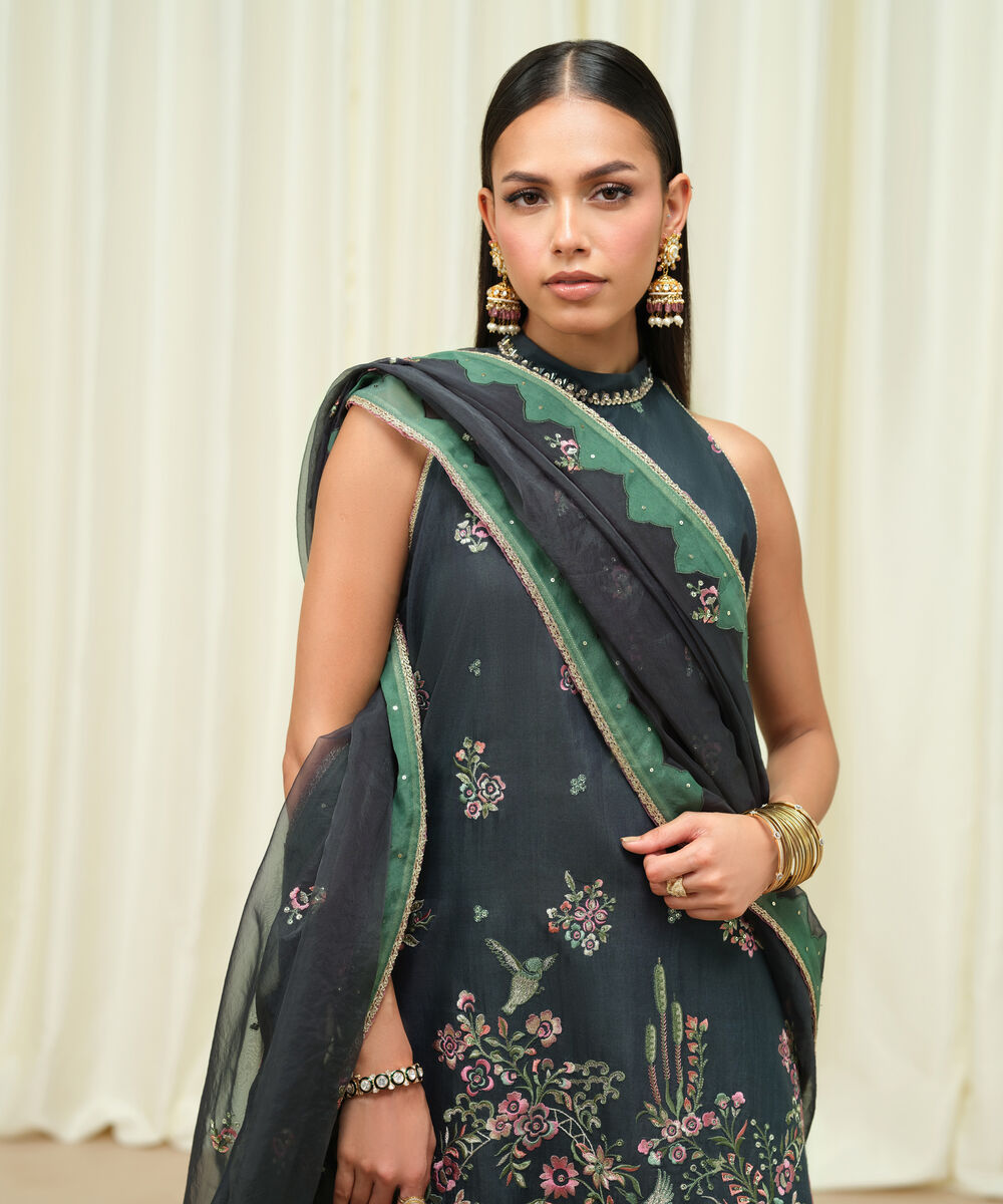 Women's Unstitched Raw Silk Embroidered Green 3 Piece Suit