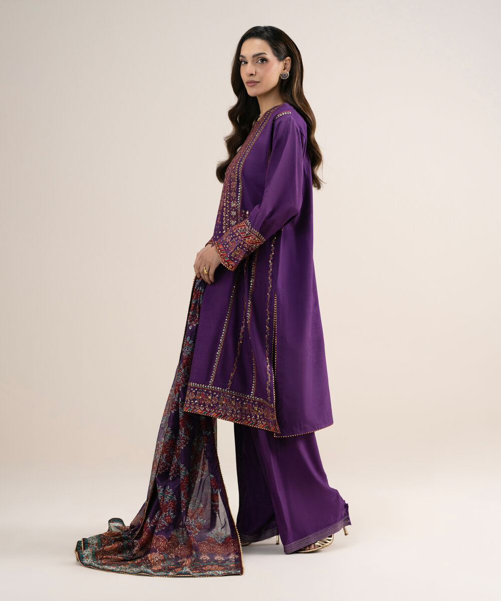 Women's Unstitched Embroidered Blended Raw Silk Purple 3 Piece Suit