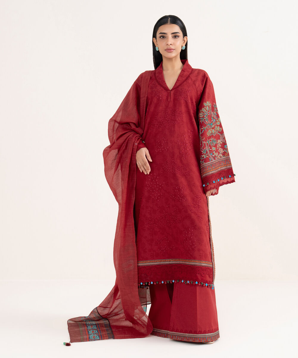 Women's Unstitched Cotton Jacquard Embroidered Red 3 Piece Suit