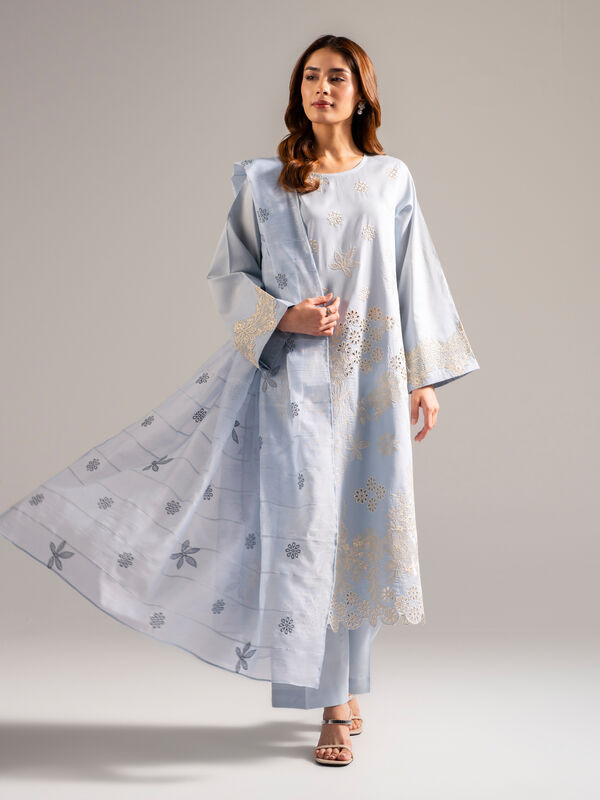 3 Piece - Embroidered Cotton Satin Suit