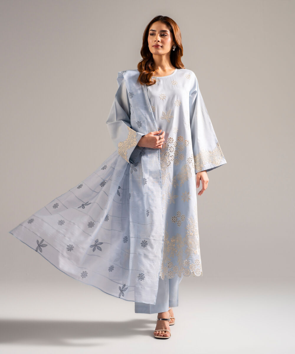 Women's RTW Cotton Satin Embroidered Light Blue 3 Piece Suit