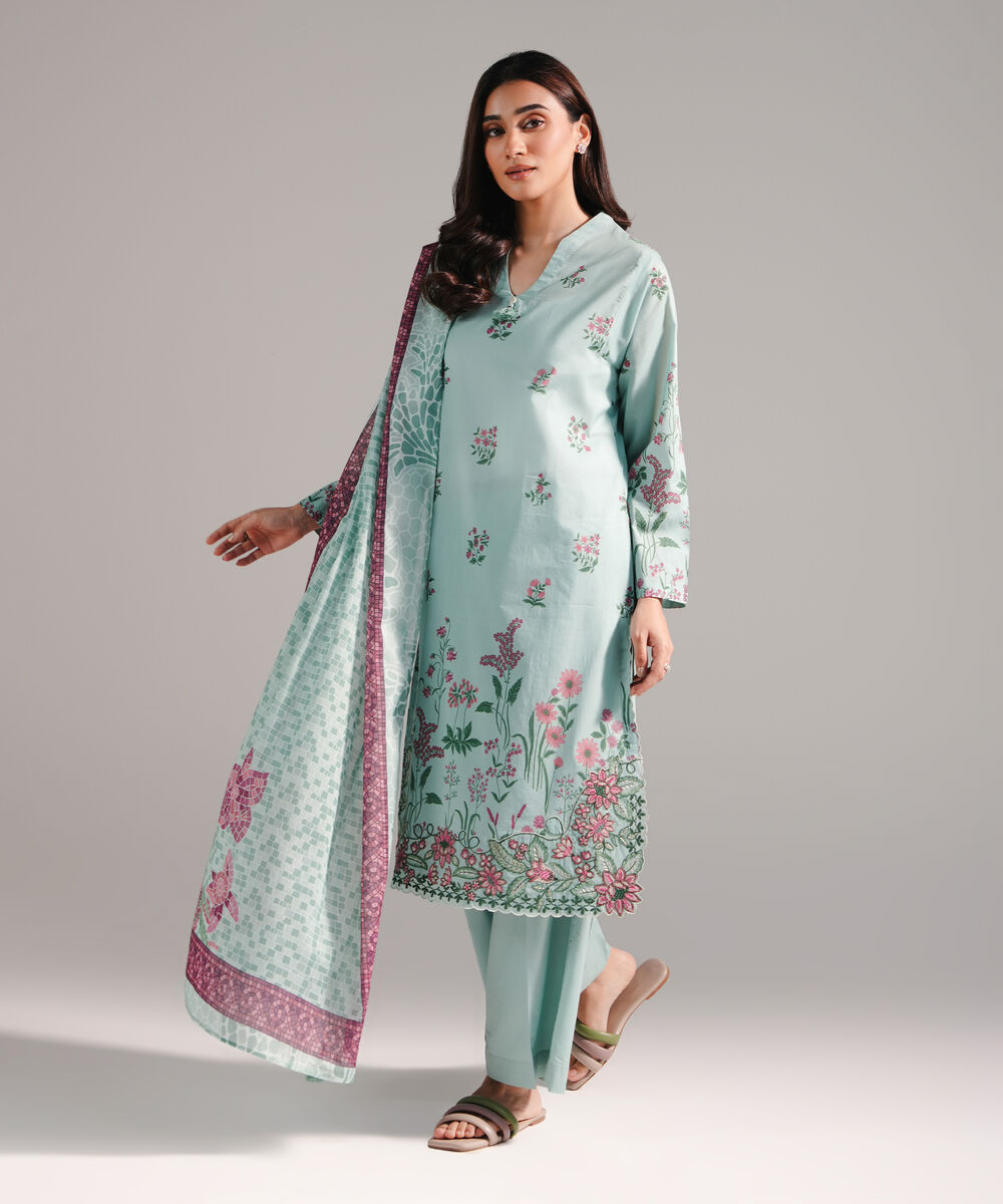 Women's RTW Lawn Printed Blue 3 Piece Suit