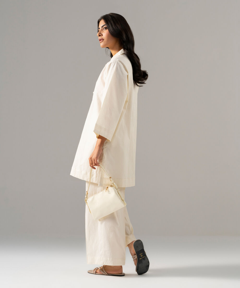 Women's RTW Textured Cotton Solid White 2 Piece Suit