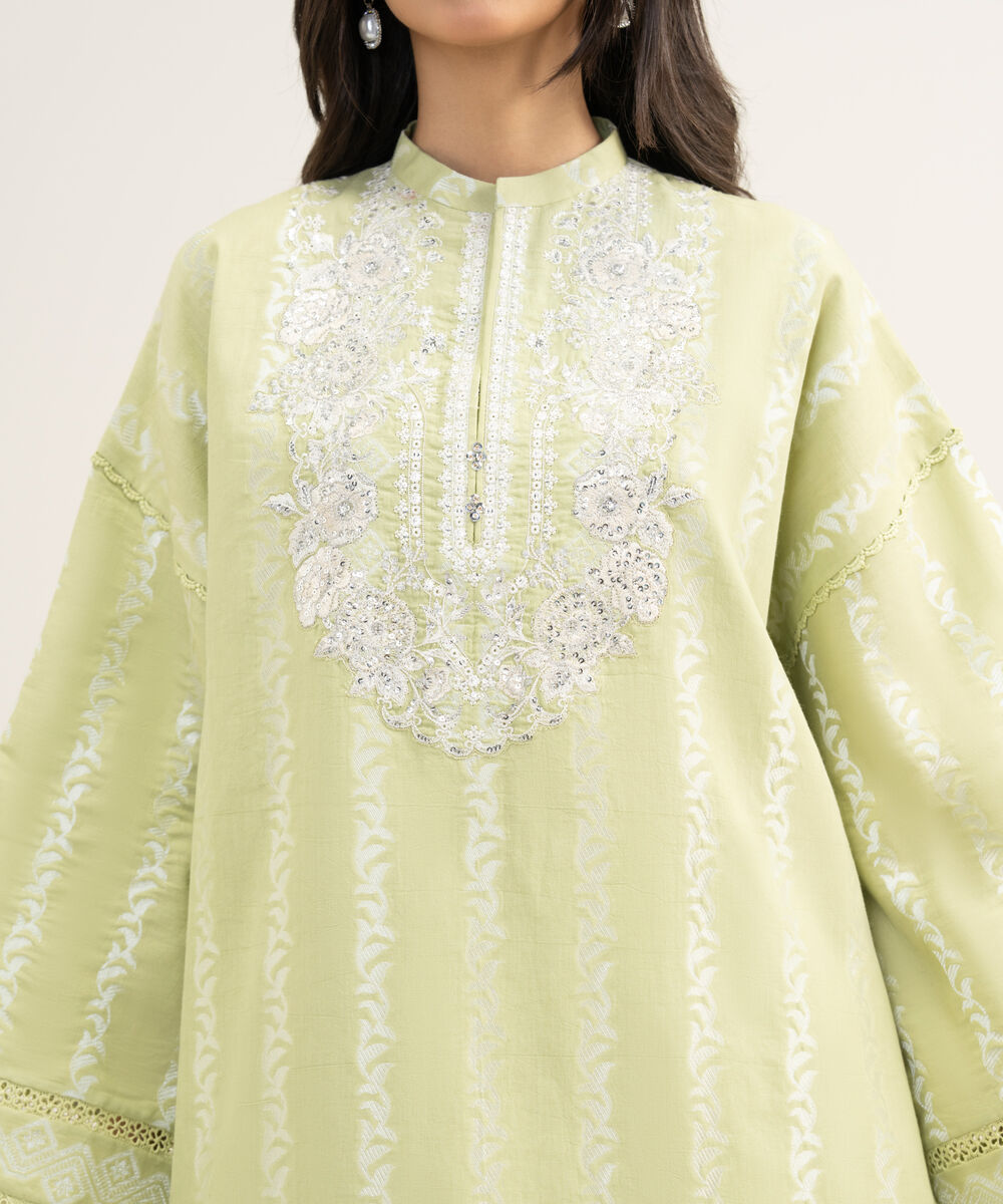 Women's Unstitched Extra Weft Jacquard Embroidered Green 3 Piece Suit