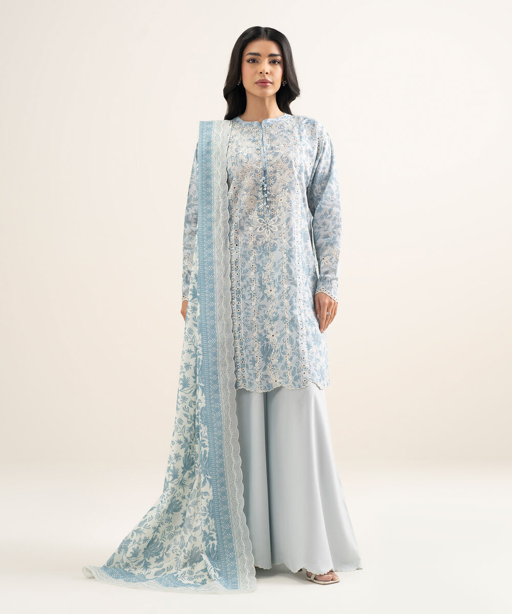 Women's Unstitched Lawn Embroidered ice Blue 3 Piece Suit