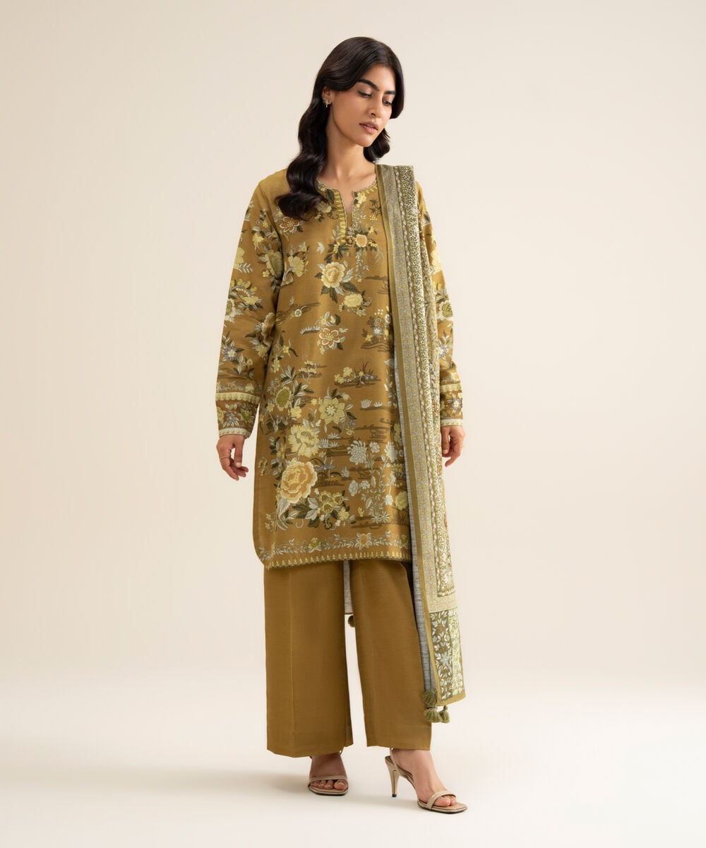 Women's Unstitched Premium Khaddar Printed Olive Green 3 Piece Suit