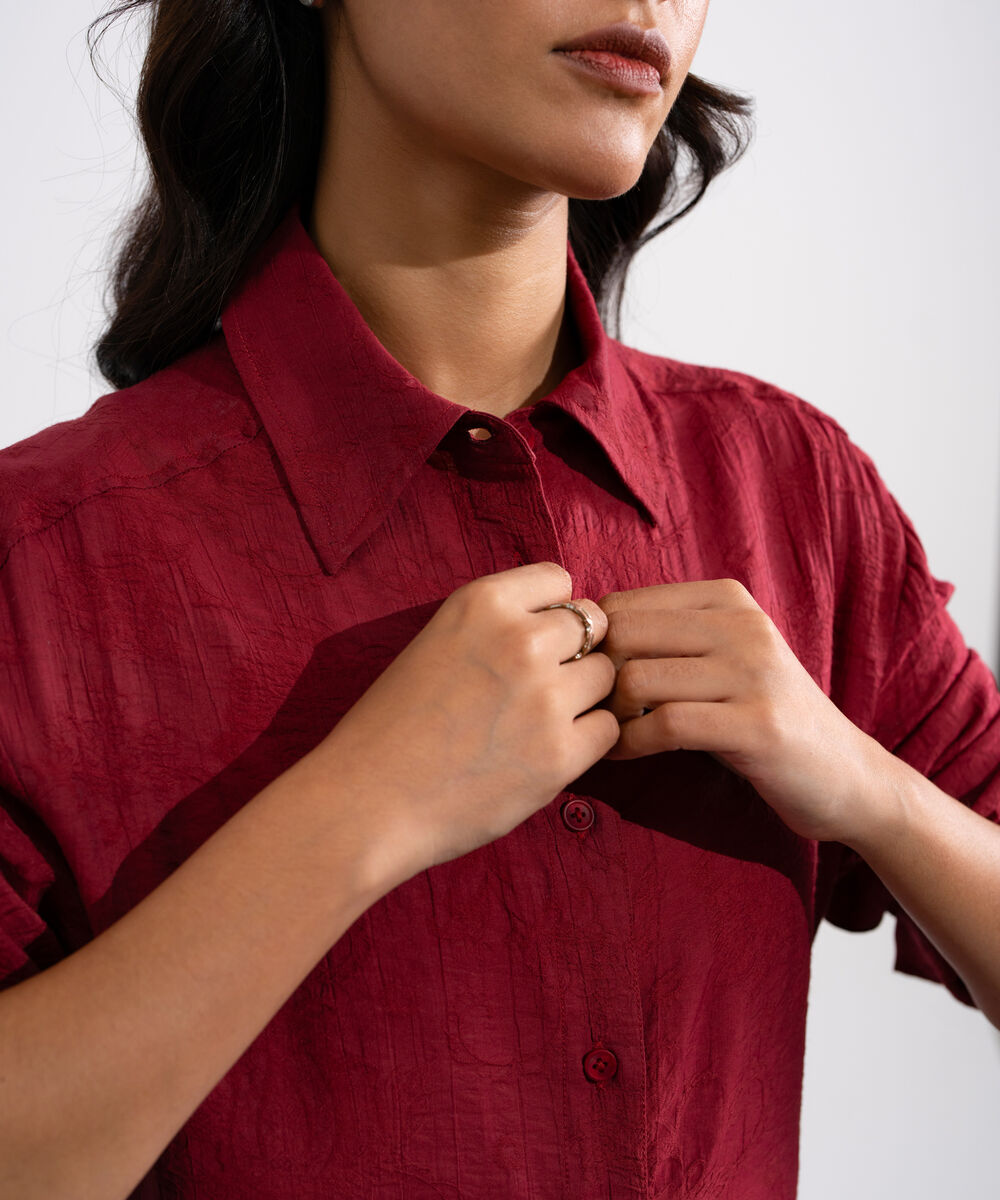 Women's Red Textured Button Through Dress