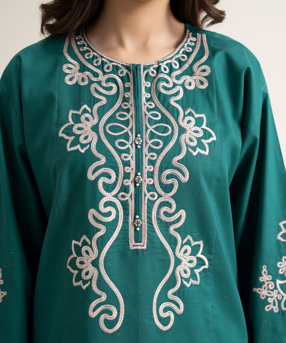 Women's RTW Multi Neps Embroidered Teal Green A-Line Shirt