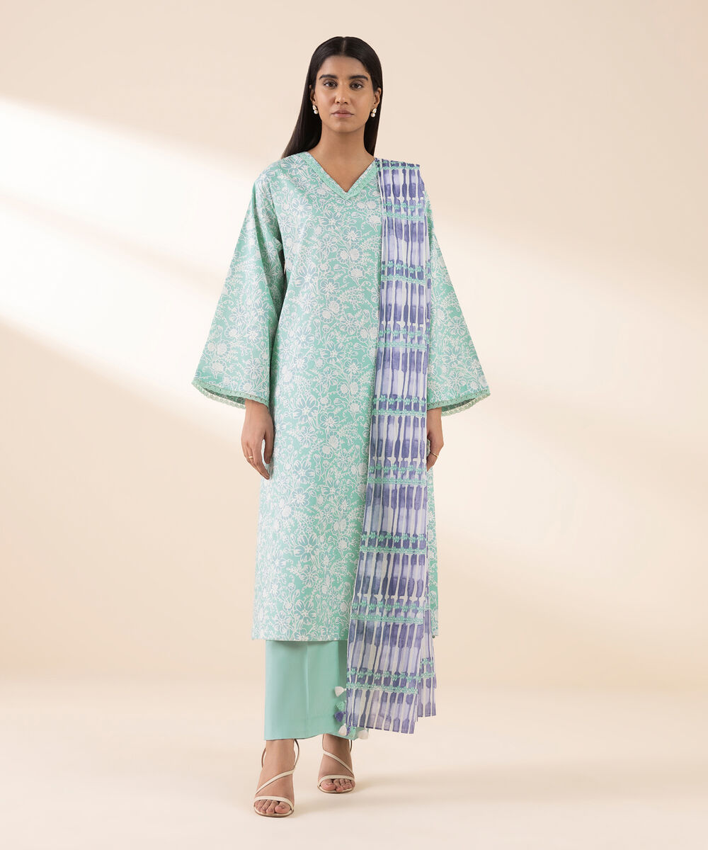 Women's Unstitched Lawn Printed Blue 3 Piece Suit