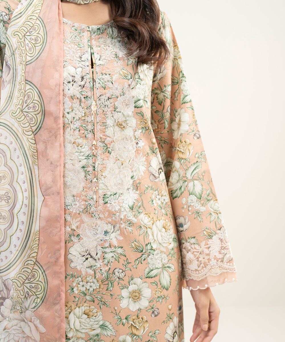Women's RTW Lawn Embroidered Peach 3 Piece Suit