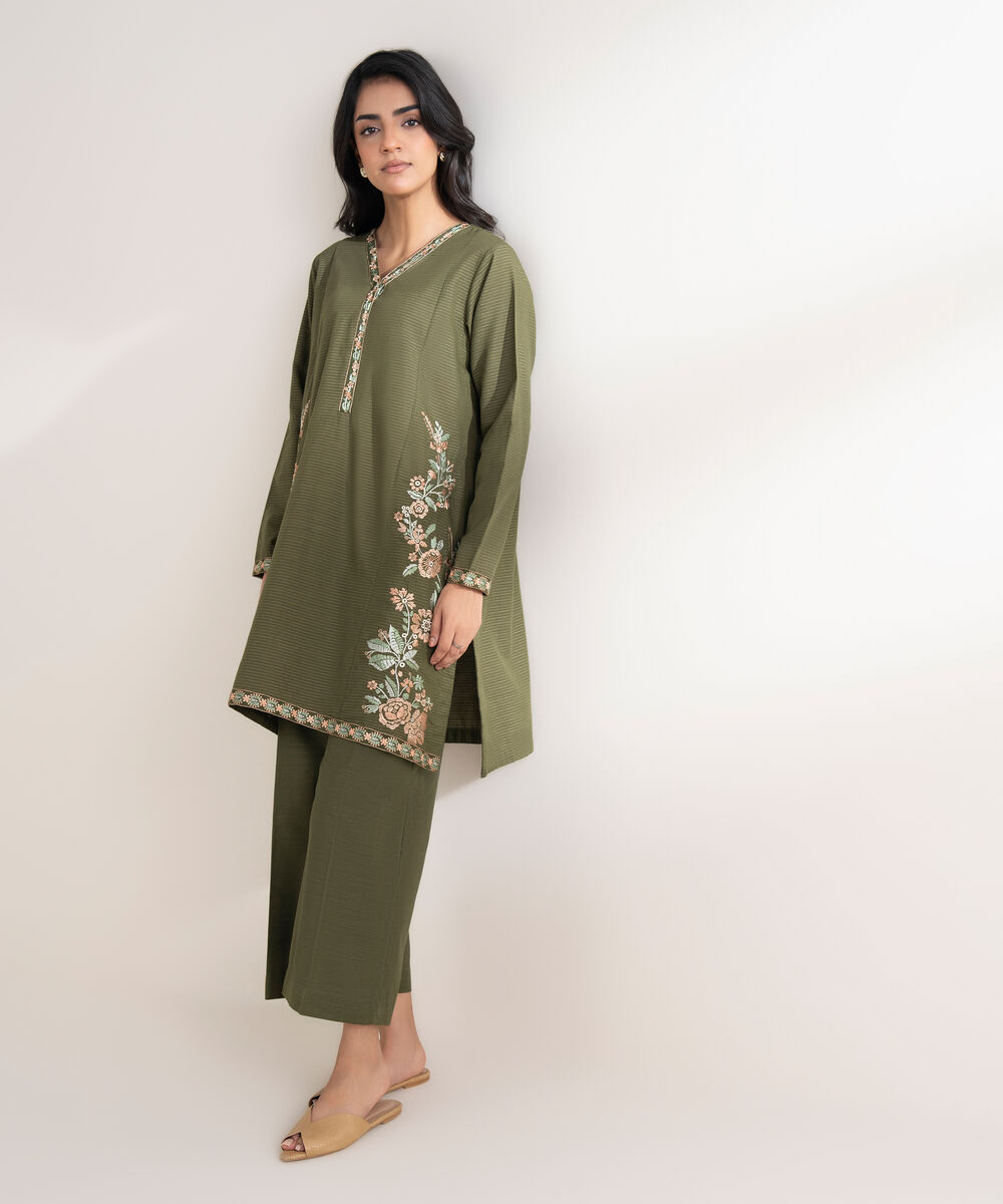 Women's RTW Light Khaddar Embroidered Green Straight Shirt