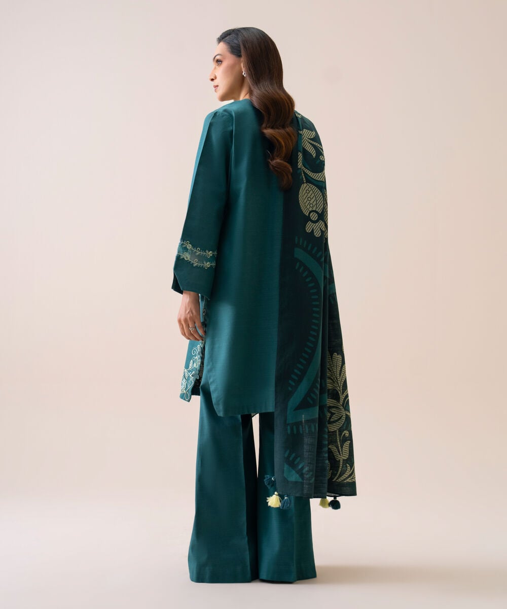 Women's Unstitched Light Khaddar Embroidered Teal 3 Piece Suit