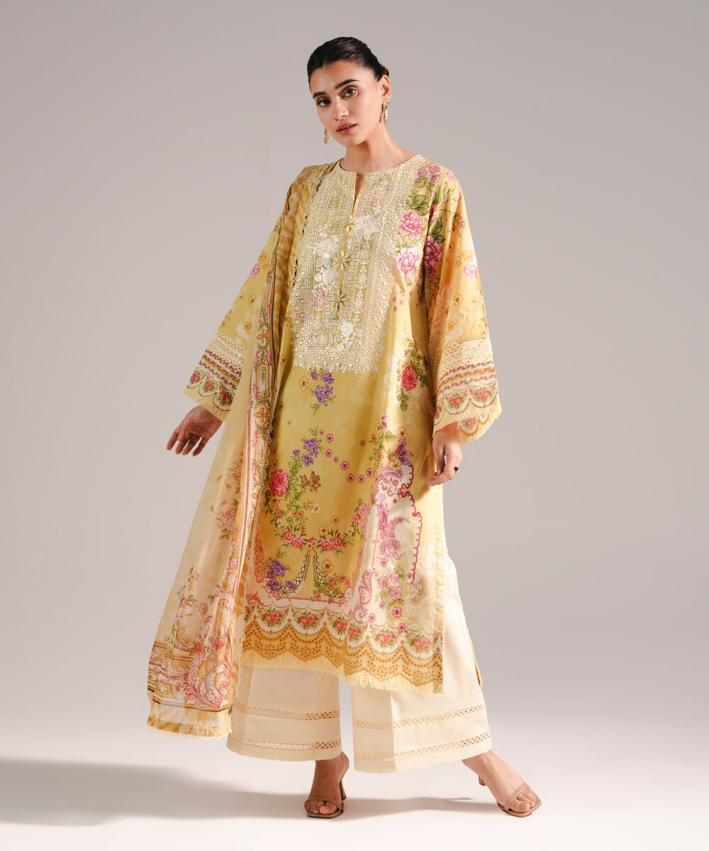 Women's RTW Lawn Embroidered Yellow 3 Piece Suit