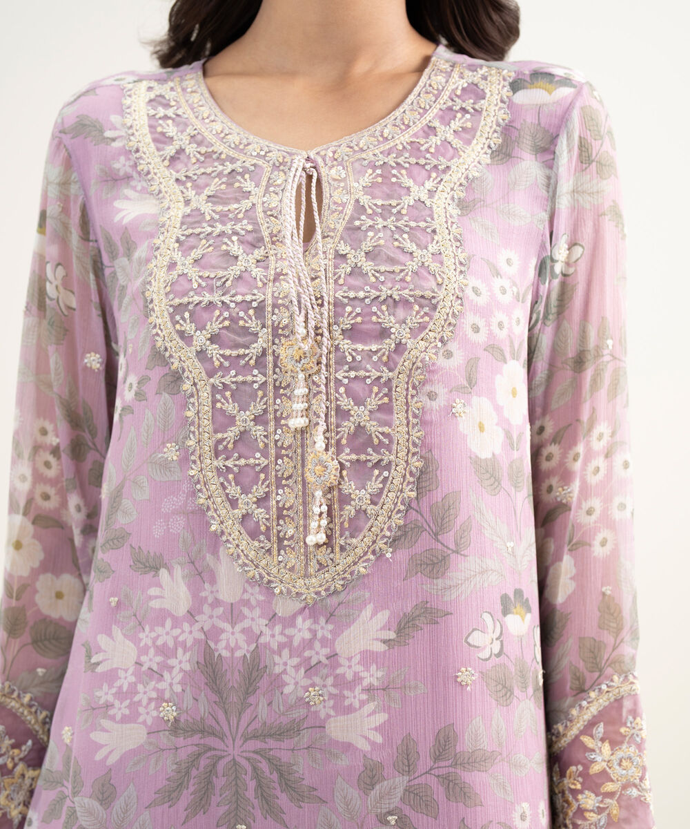 Women's RTW Blended Chiffon Embroidered Light Purple 3 Piece Suit