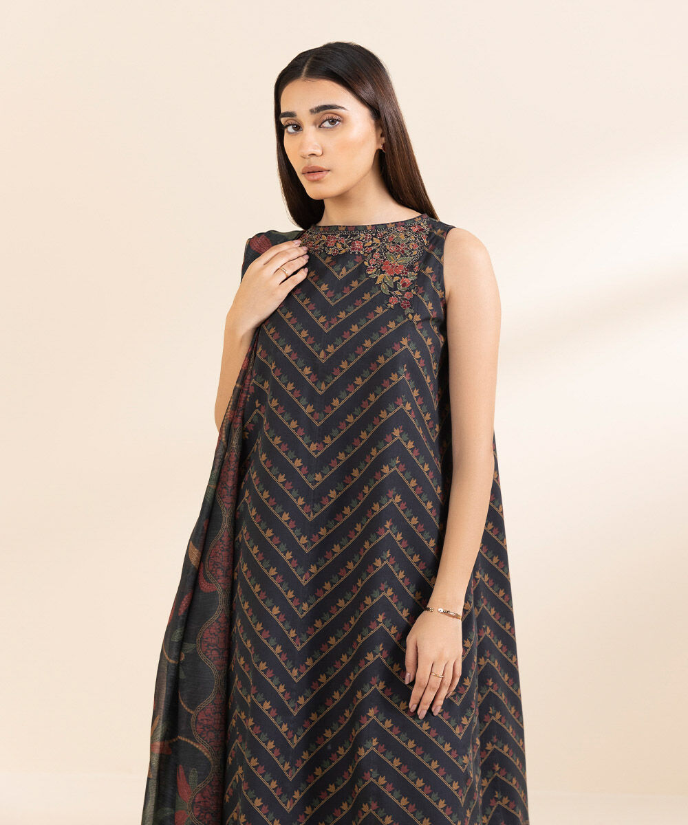 Unstitched Women's Embroidered Lawn Black Three Piece Suit