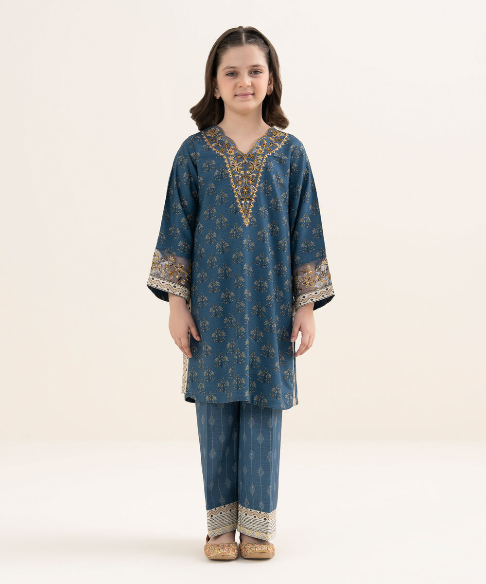 Girl's Herringbone Embroidered Blue 2 Piece Set