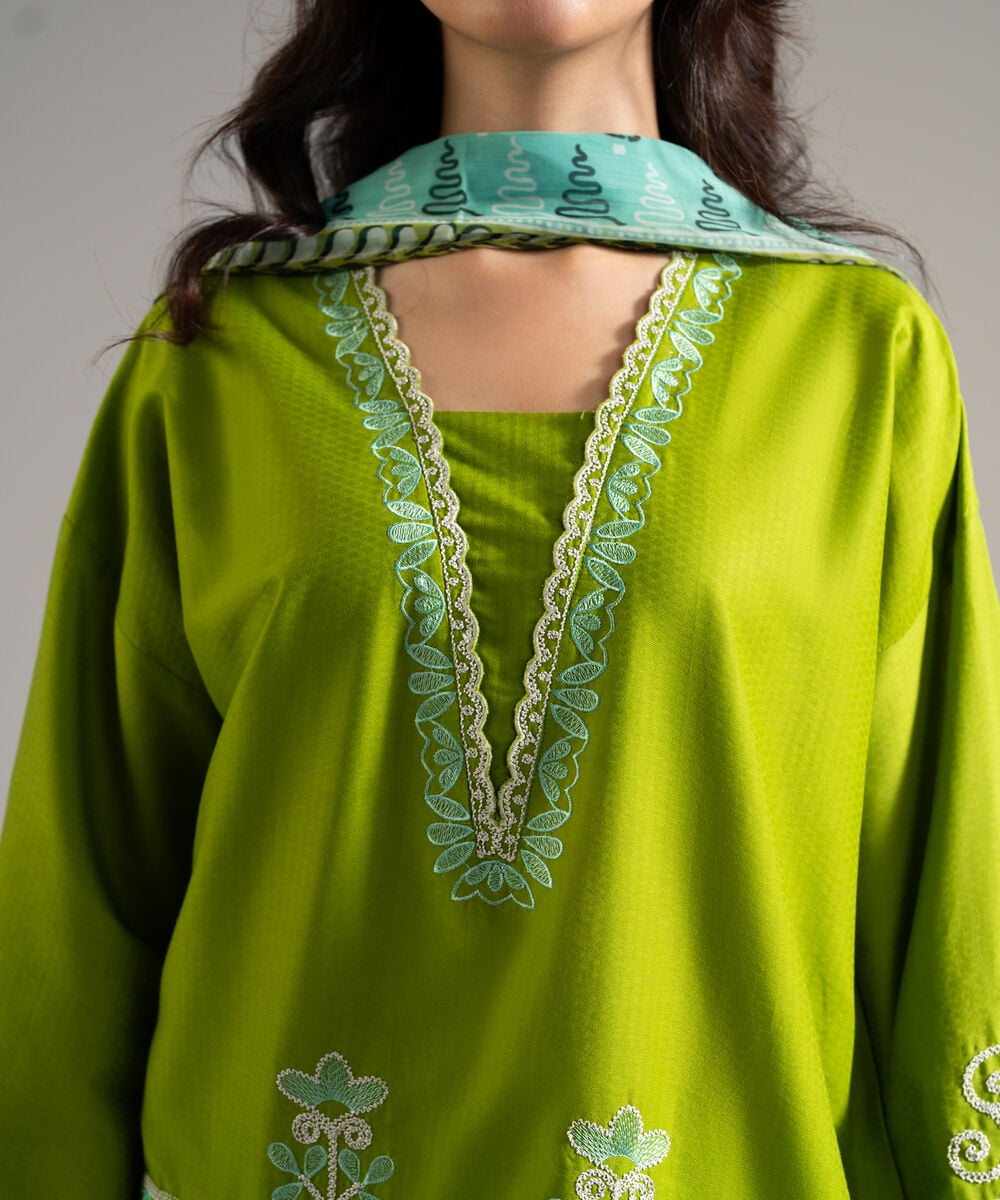 Women's RTW Dobby Embroidered Green 3 Piece Suit