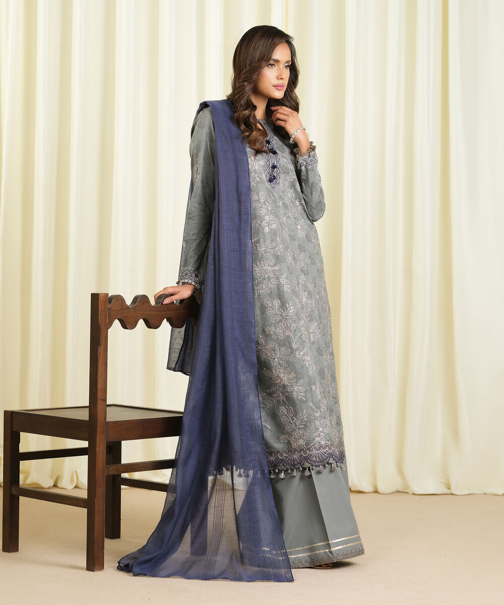 Women's Unstitched Cotton Jacquard Embroidered Grey 3 Piece Suit