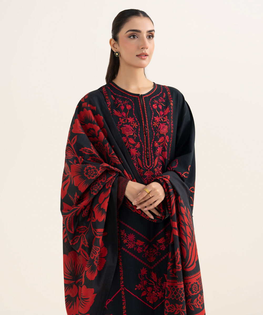 Women's Unstitched Embroidered Dobby Black & Red 3 Piece Suit