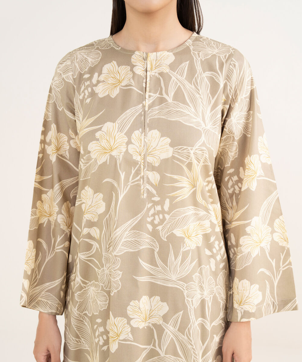 Women's RTW Viscose Lawn Beige Printed Straight Shirt