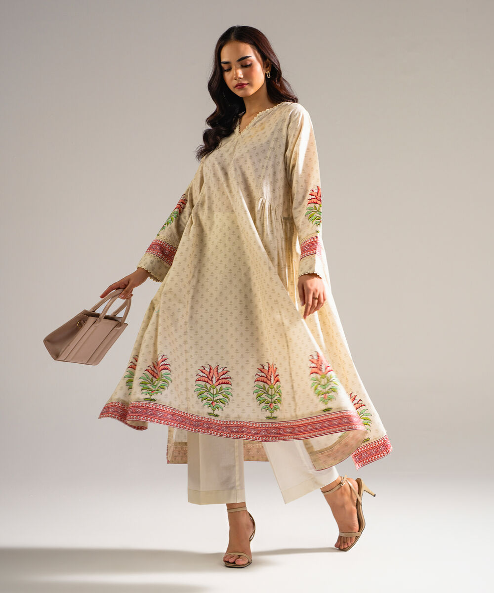 Women's RTW Slub Lawn Printed Beige Peshwas
