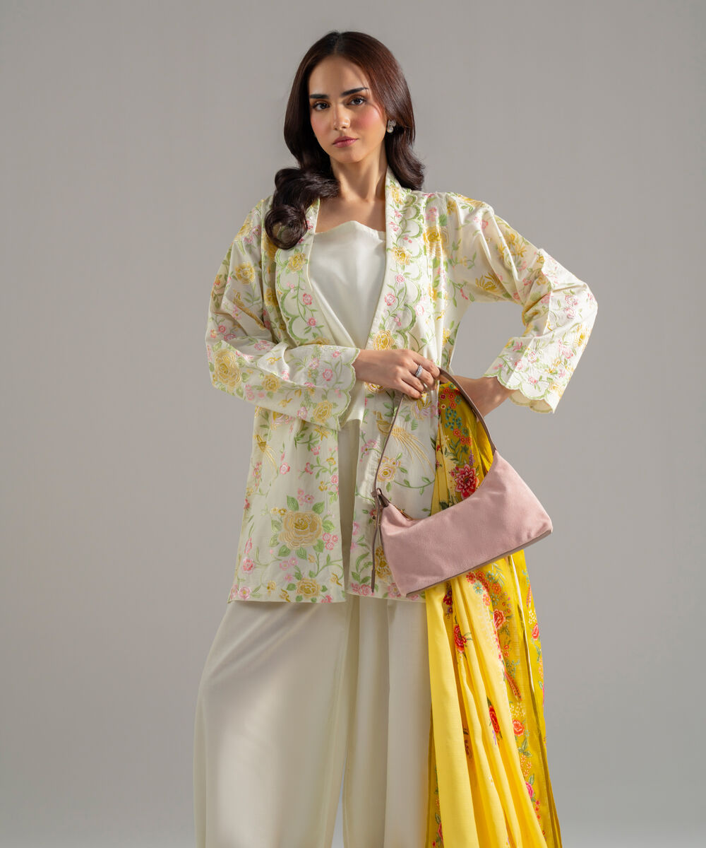 Women's RTW Cambric Solid Embroidered Off White 3 Piece Suit