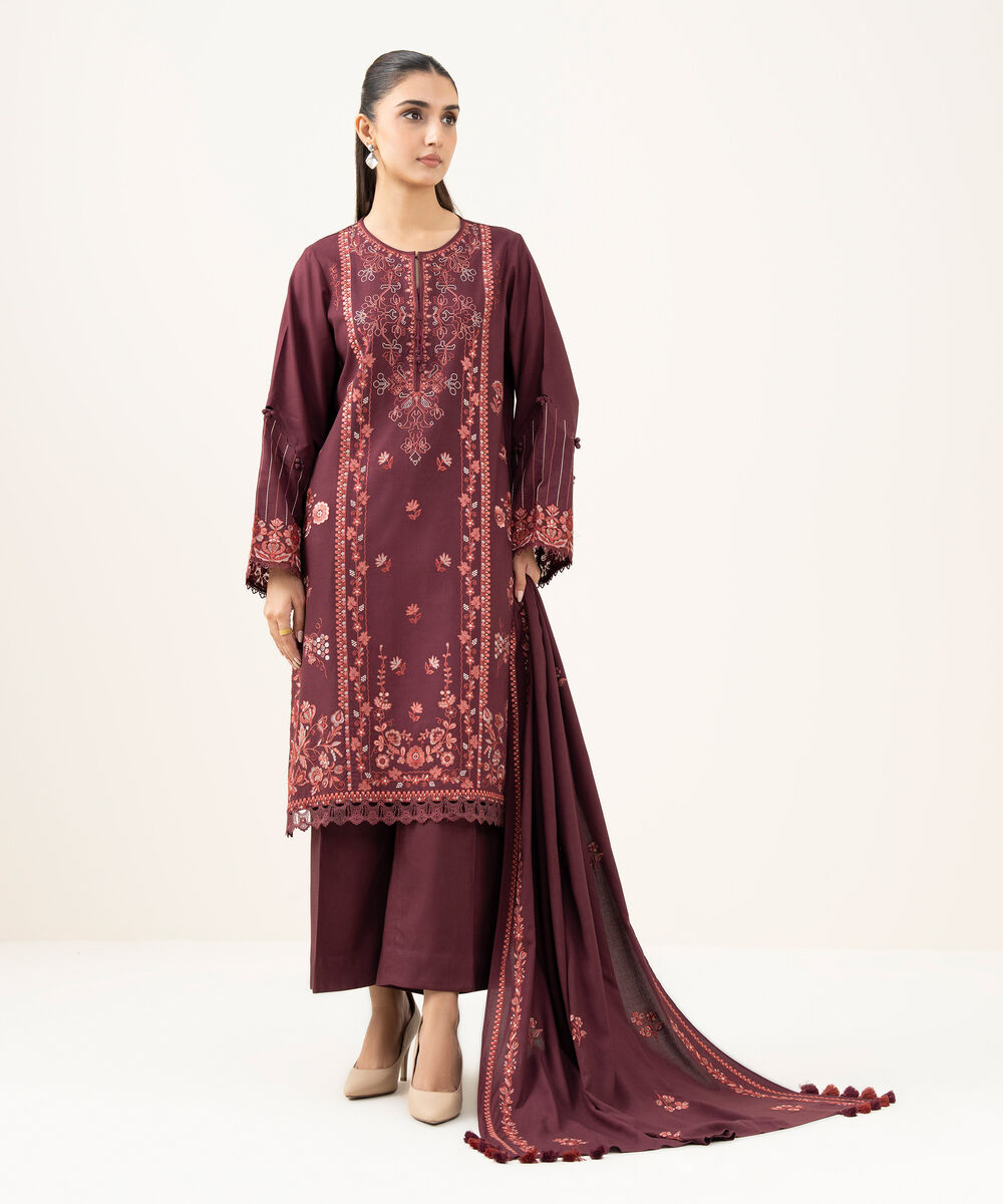 Women's Unstitched Embroidered Linen Maroon 3 Piece Suit