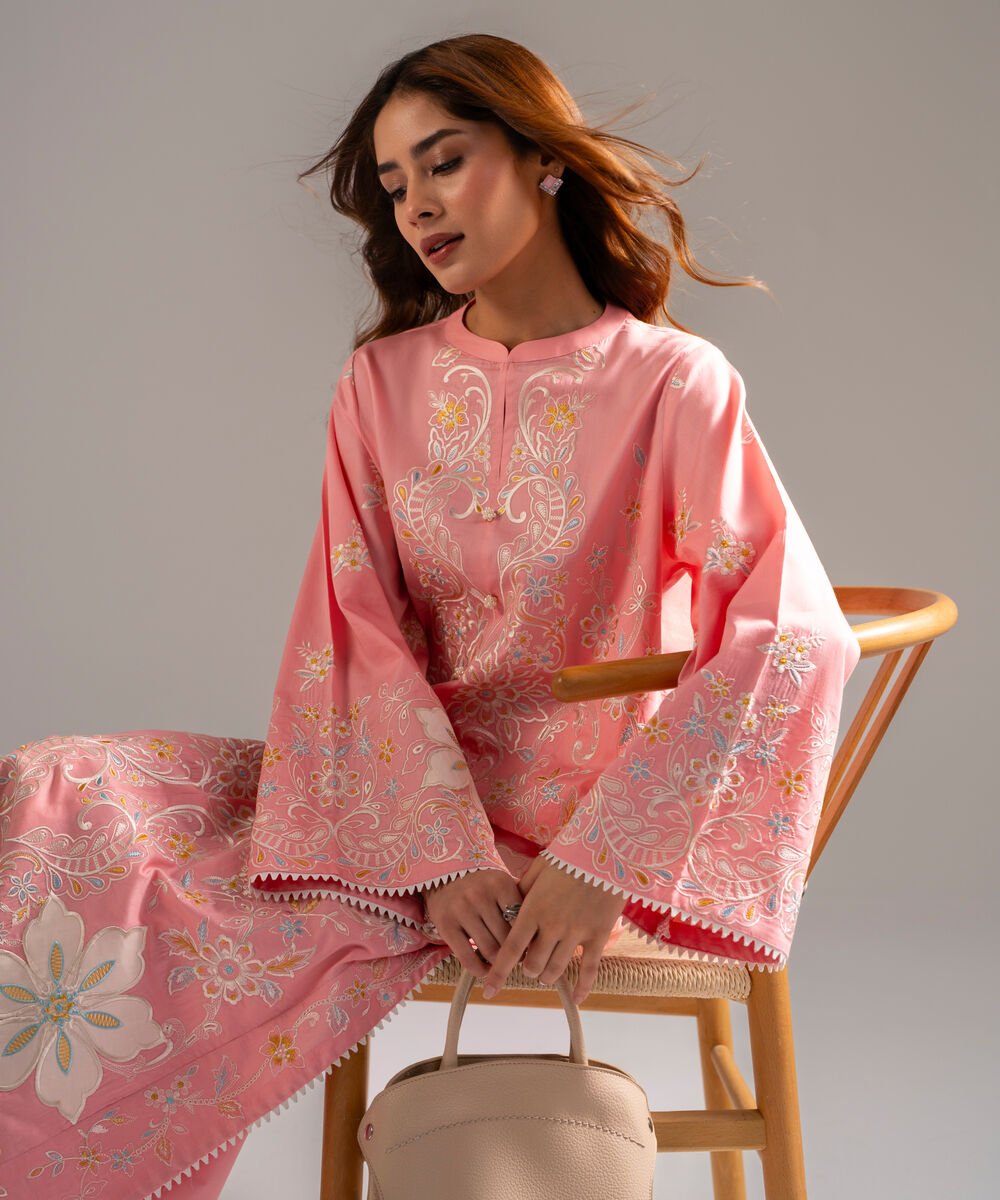 Women's RTW Cotton Satin Embroidered Pink 2 Piece Suit