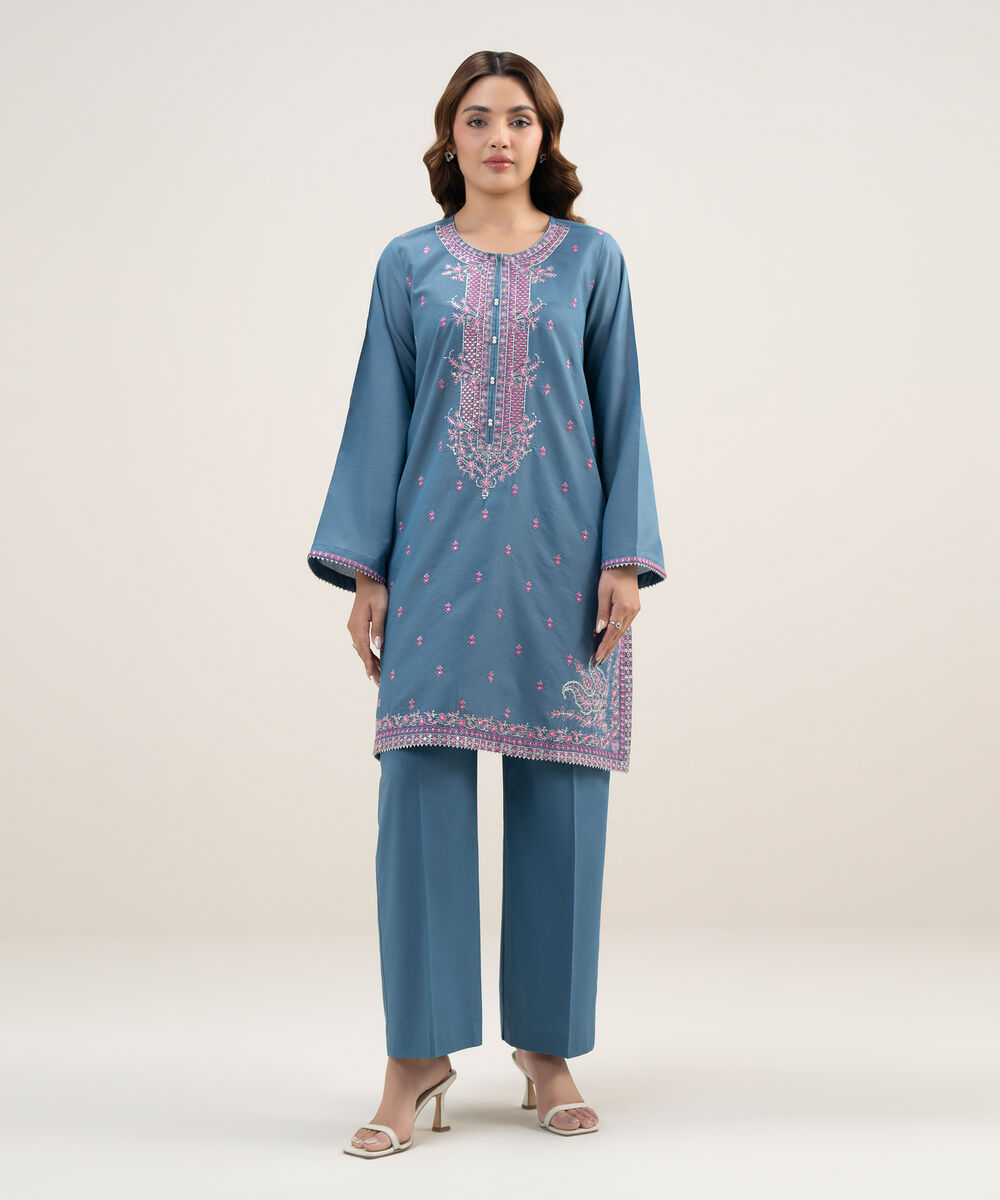 Women's RTW Zari Lawn Embroidered Blue Straight Shirt