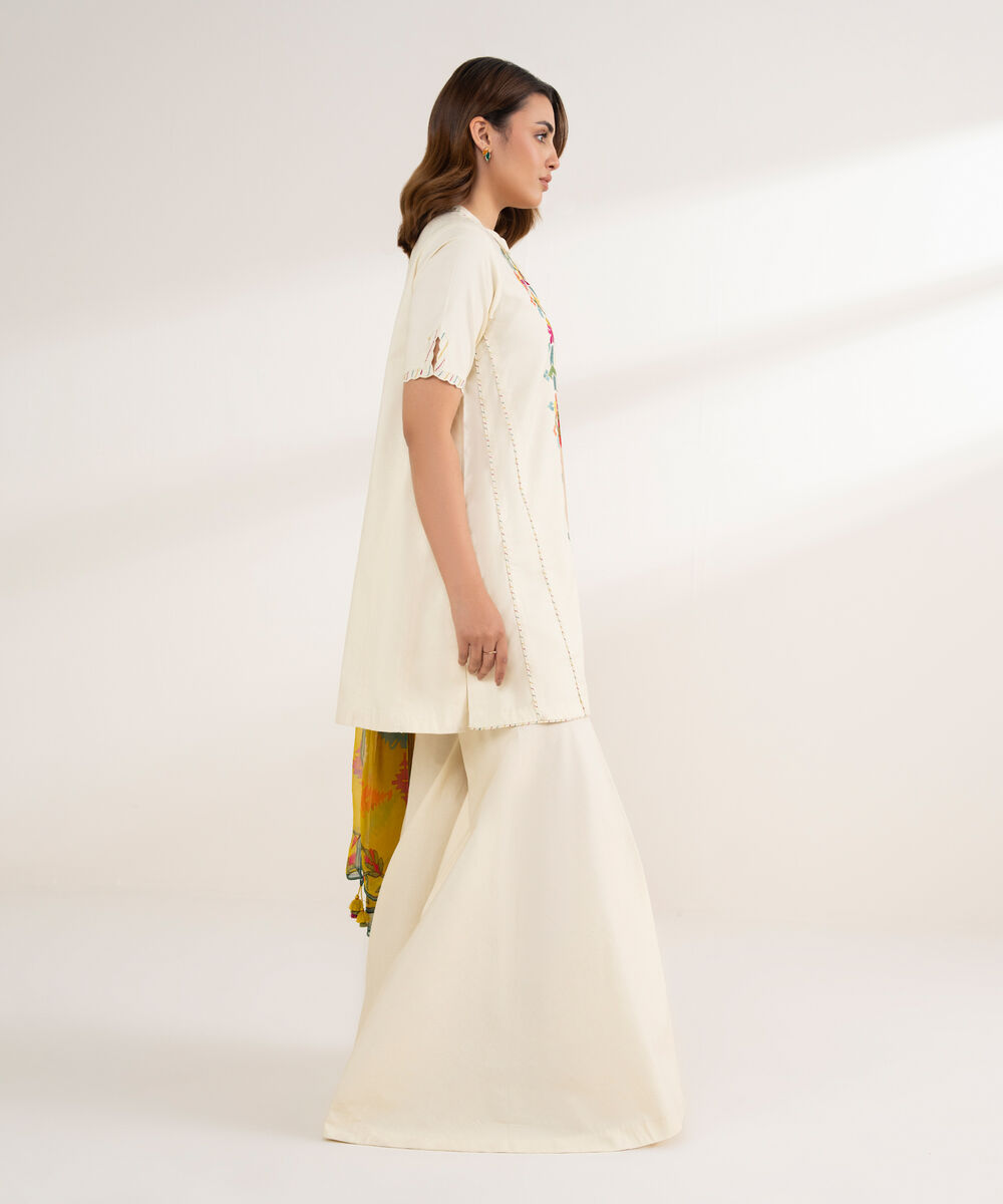 Women's Unstitched Cotton Embroidered Off White 3 Piece Suit