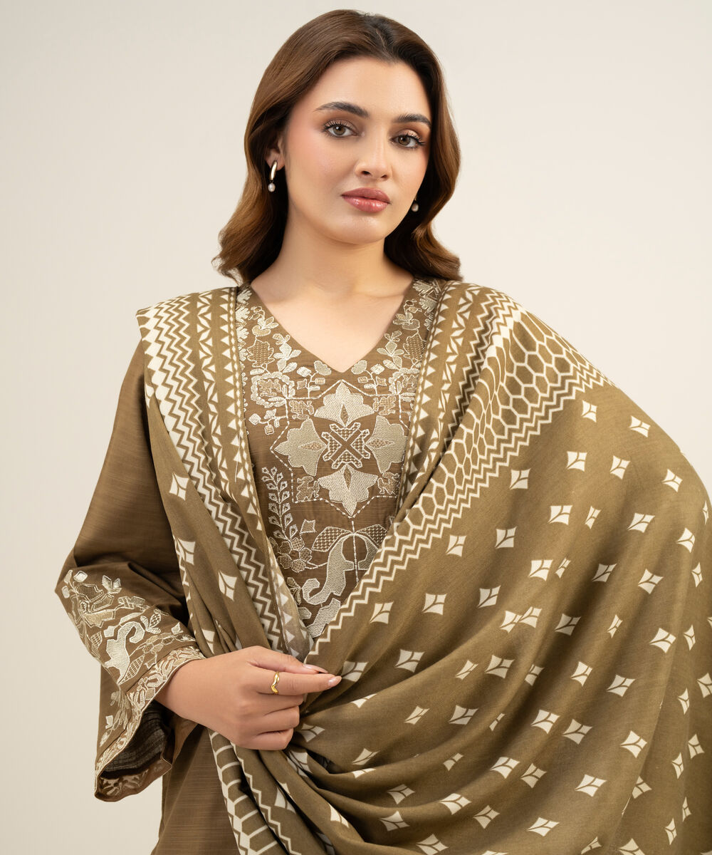 Women's Unstitched Khaddar Brown  3 Piece Suit