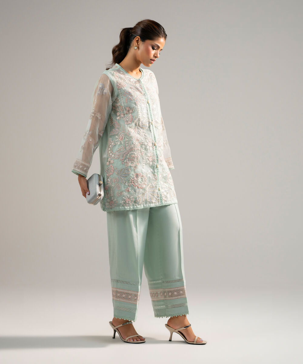 Women's RTW Organza Embroidered Green 2 Piece Suit