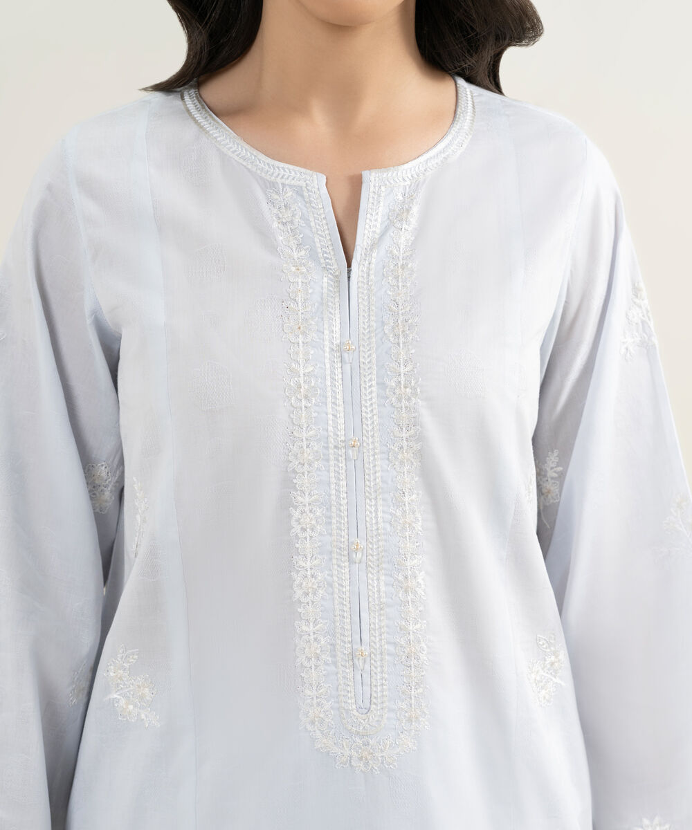 Women's RTW Self Jacquard Embroidered Ice Blue A-Line Shirt