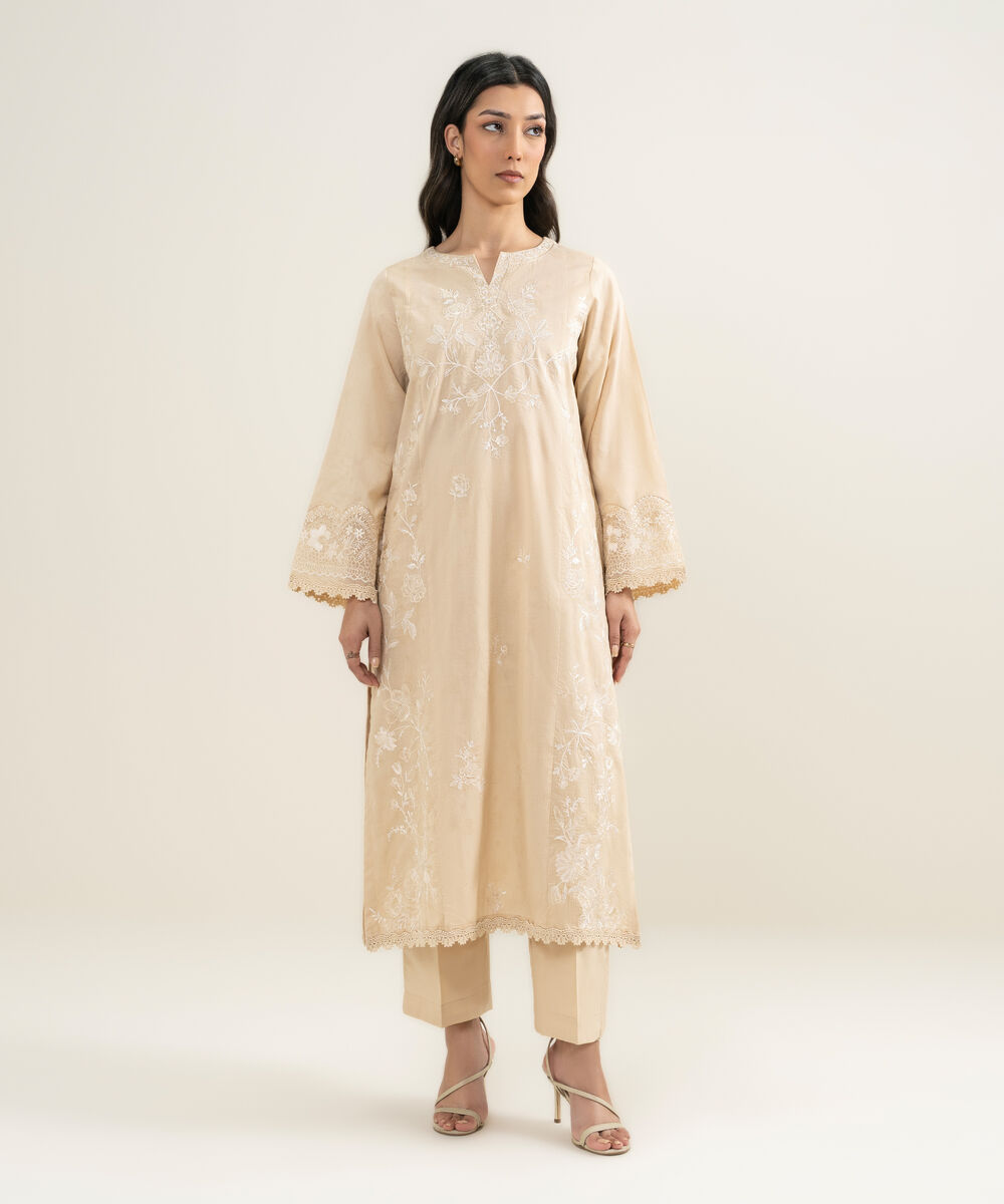 Women's RTW Self Jacquard Embroidered Beige Straight Shirt