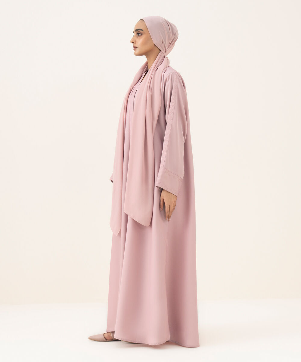Women's pink button through Abaya with embroidery