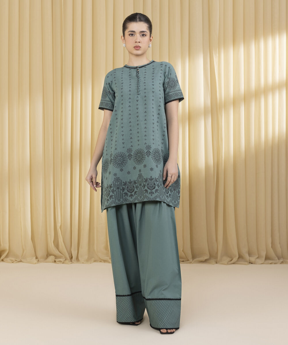 Unstitched Women's Green Extra Weft Jacquard Shirt Trousers