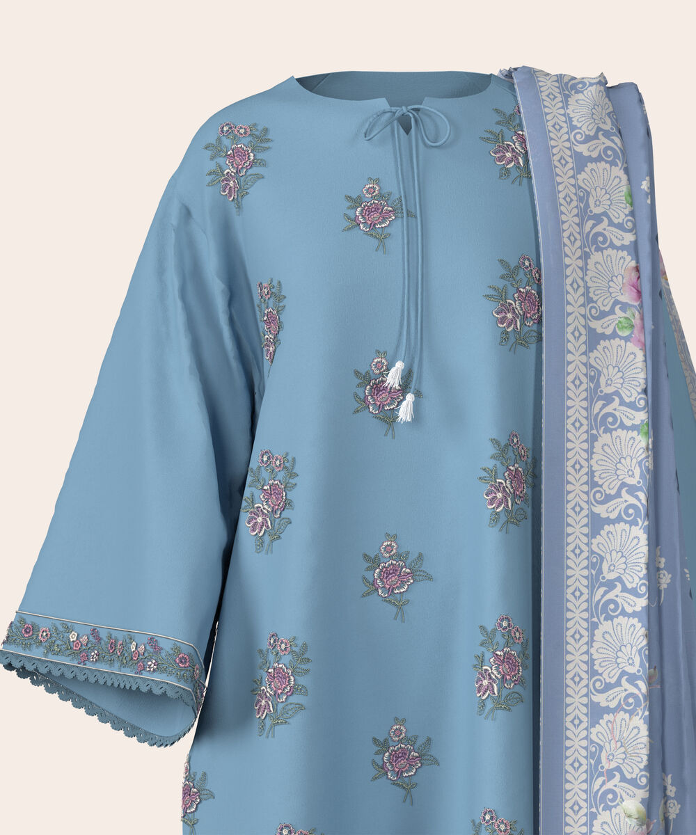 Women's Unstitched Lawn Blue  Embroidered 3 Piece Suit