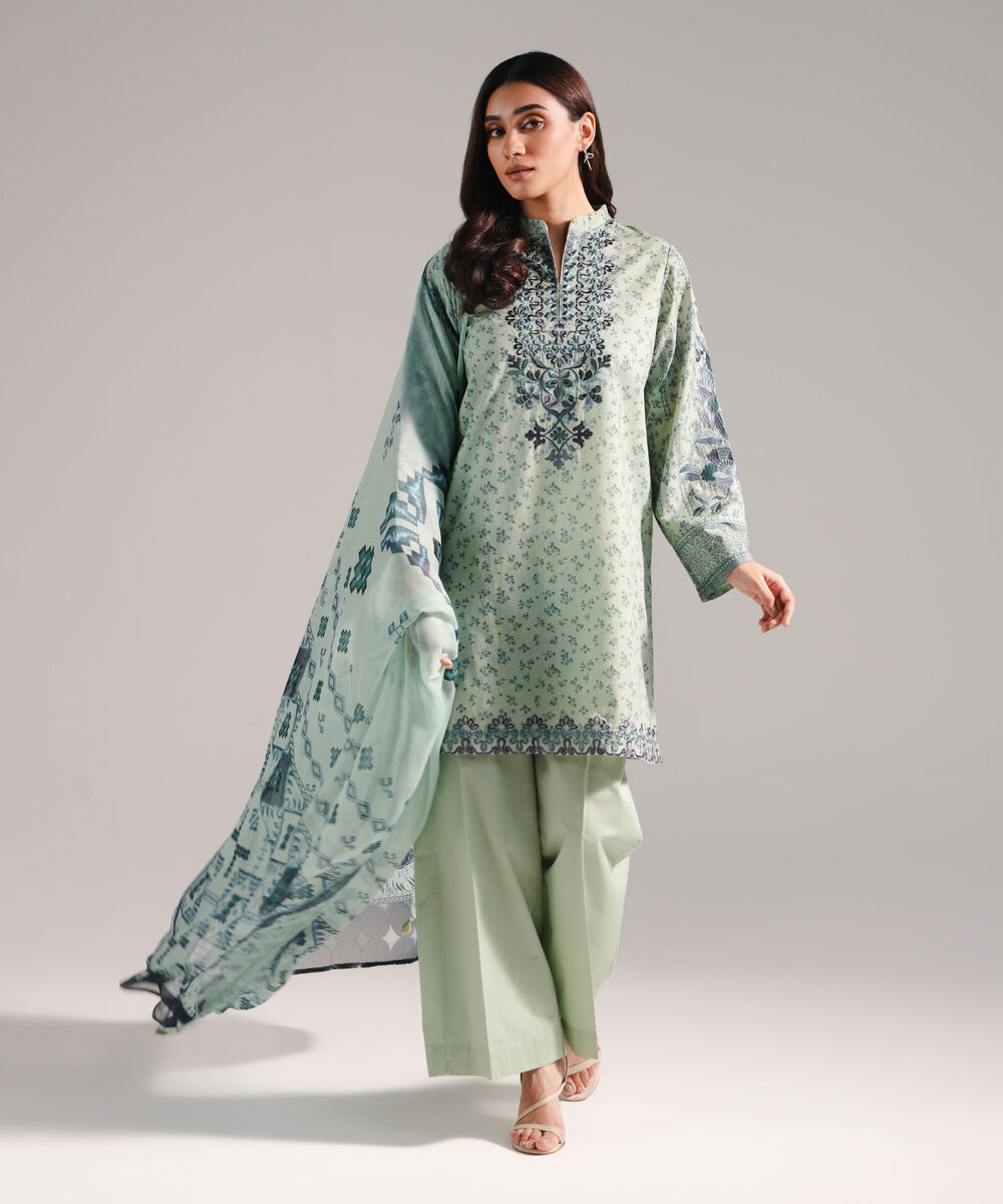 Women's RTW Lawn Printed Green 3 Piece Suit