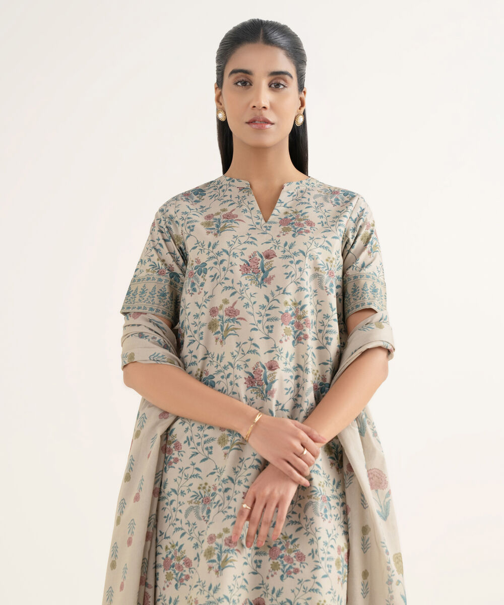 Women's Unstitched Cotton Printed Beige 3 Piece Suit