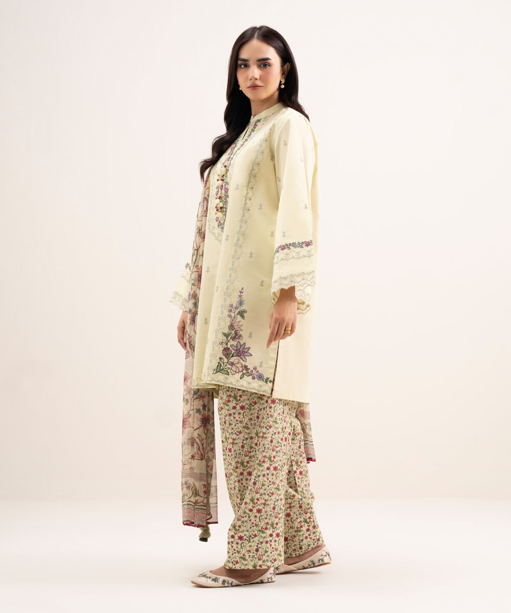 Women's Unstitched Textured Lawn Embroidered Off White 3 Piece Suit