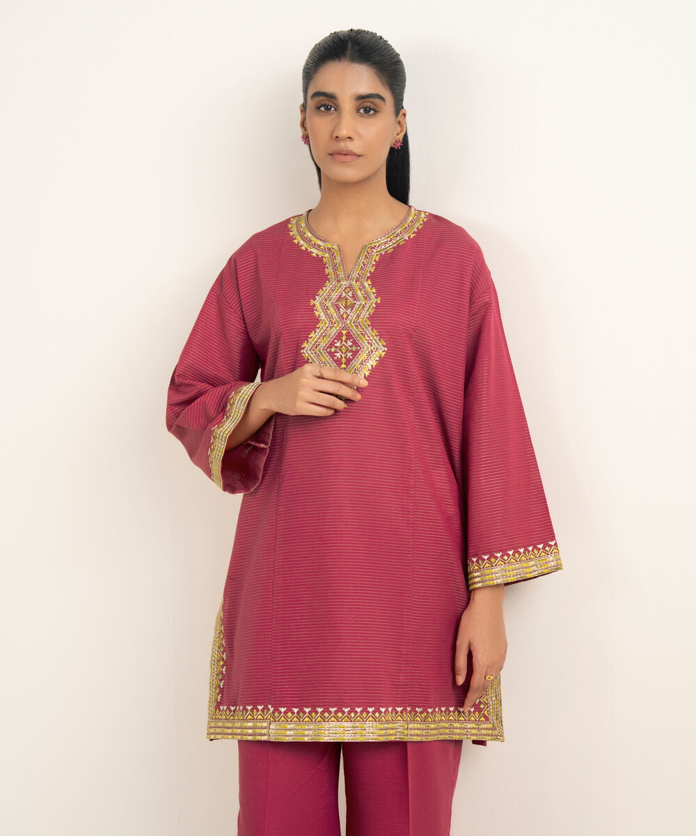Women's RTW Light Khaddar Embroidered Pink Drop Shoulder Shirt